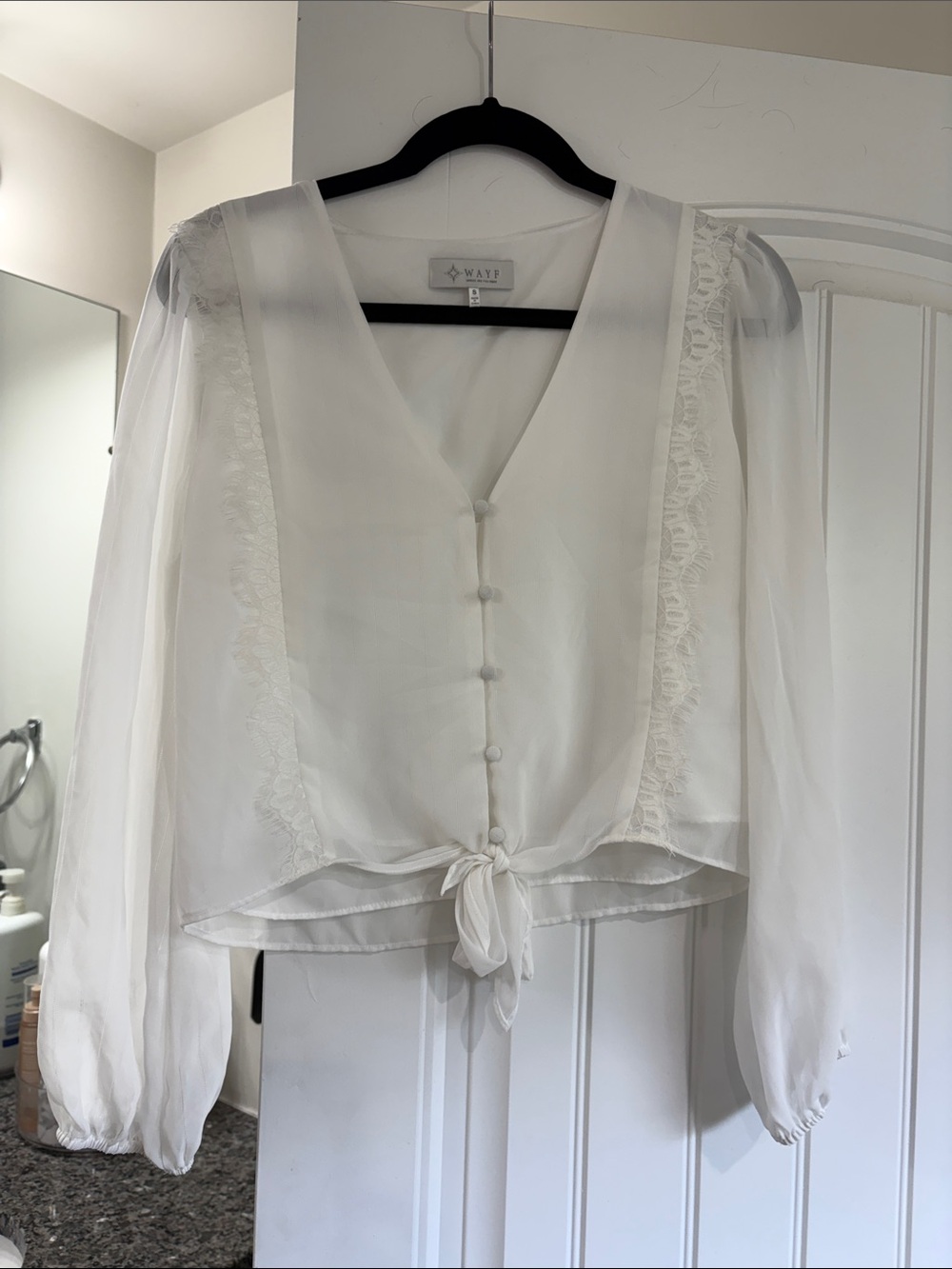 Wayf White Sheer Lace-Trim summer blouse